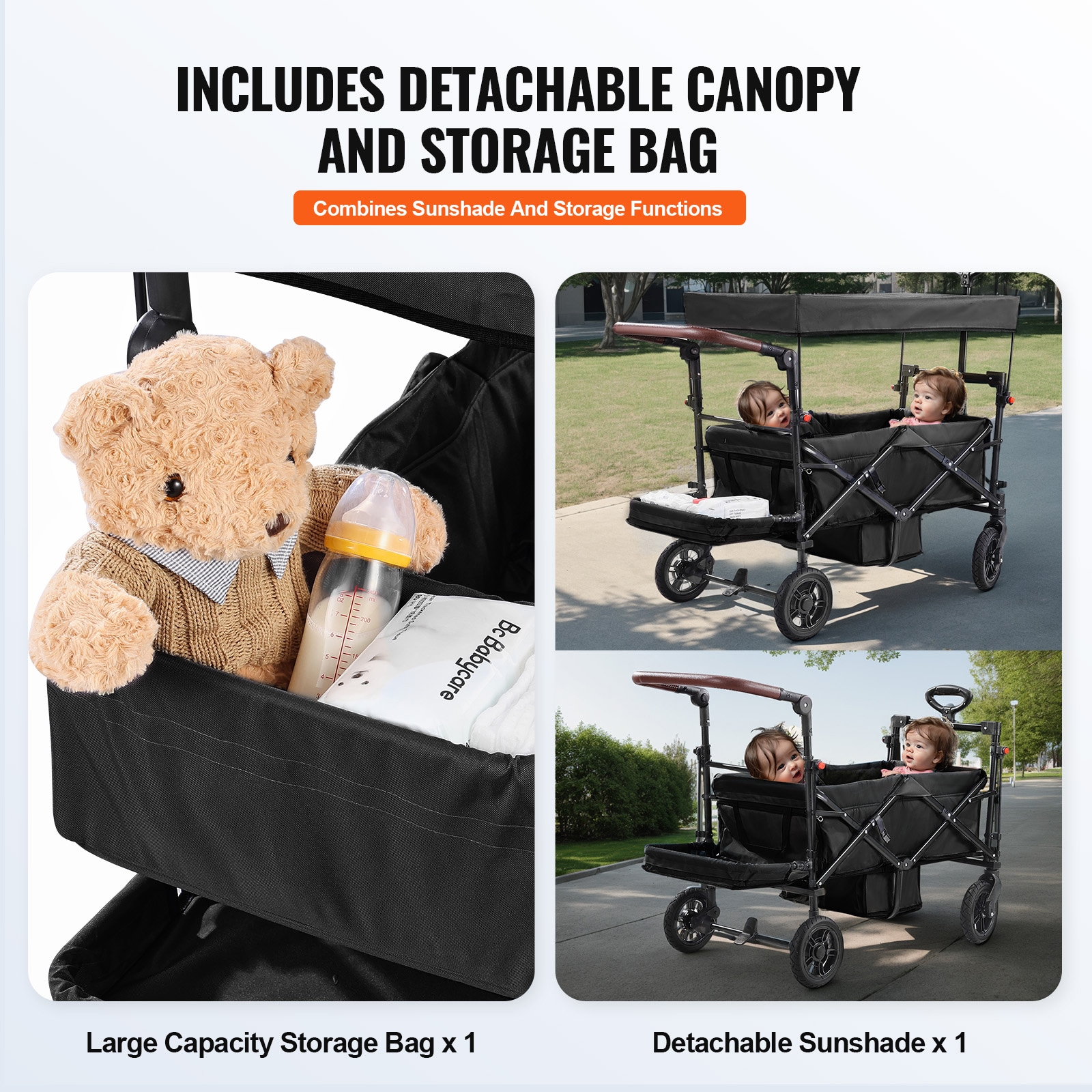 Foldable Garden Wagon Stroller For Two Kids With Canopy Black_voghion.com